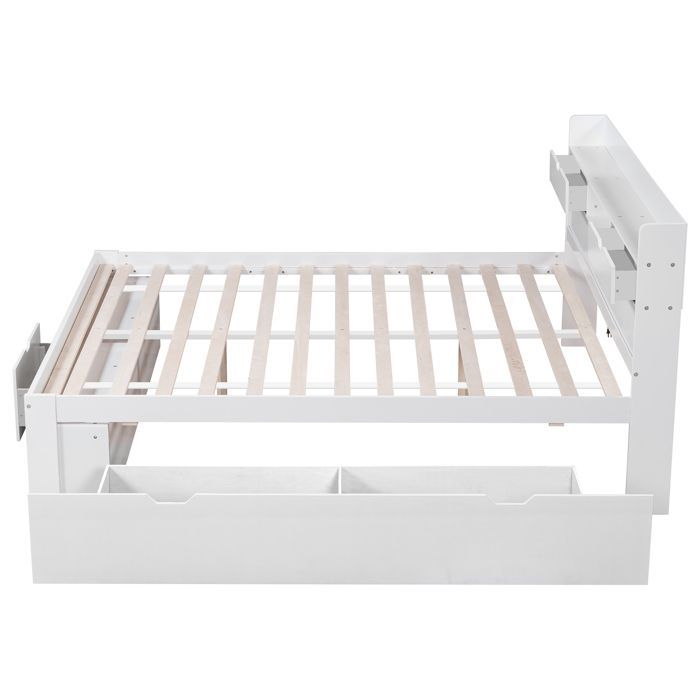 Multifunctioneel grenenhouten bed voor volwassenen (180x200 cm) met USB- en Type-C-poorten, lades en opbergplanken.