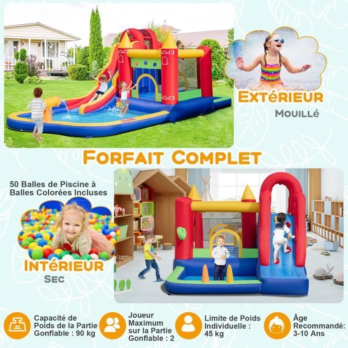 COSTWAY Château Gonflable 9 en 1 pour Enfants, avec Souffleur de 680W, 50 Balles Colorées, Toboggan Aquatique, 624 x 270 x 235 cm