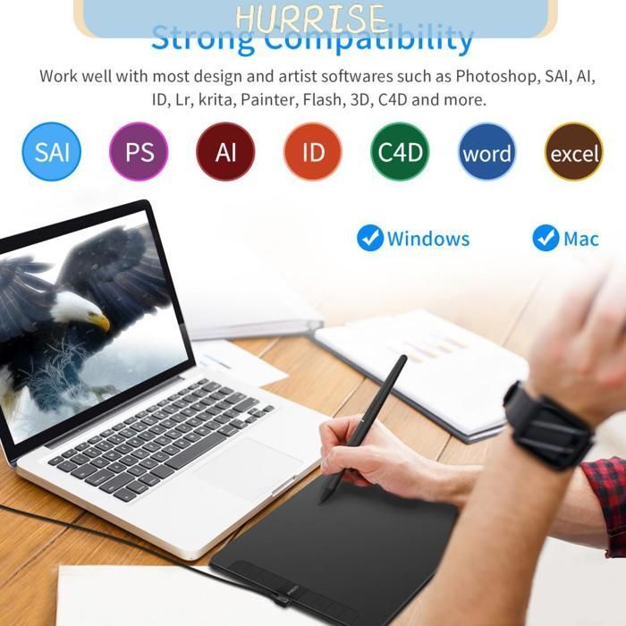 Tavoletta grafica digitale Tbest con 8192 livelli di pressione, funzione di inclinazione, pannello di lavoro e hardware inclusi, colore nero.