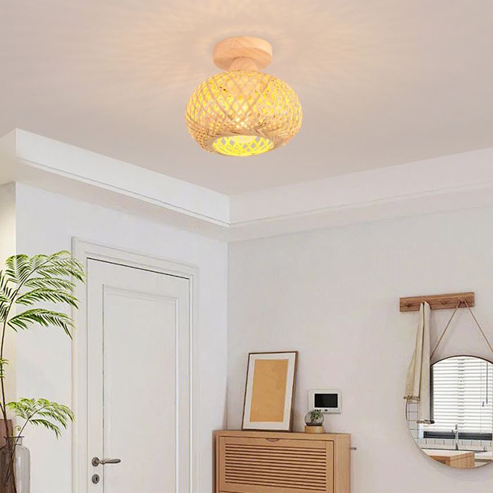 SNOGOLD Plafonnier Rétro en Bambou Cage Tissage Lustre Bohème Lampe de Plafond Vintage E27 Luminaire pour Chambre Restaurant