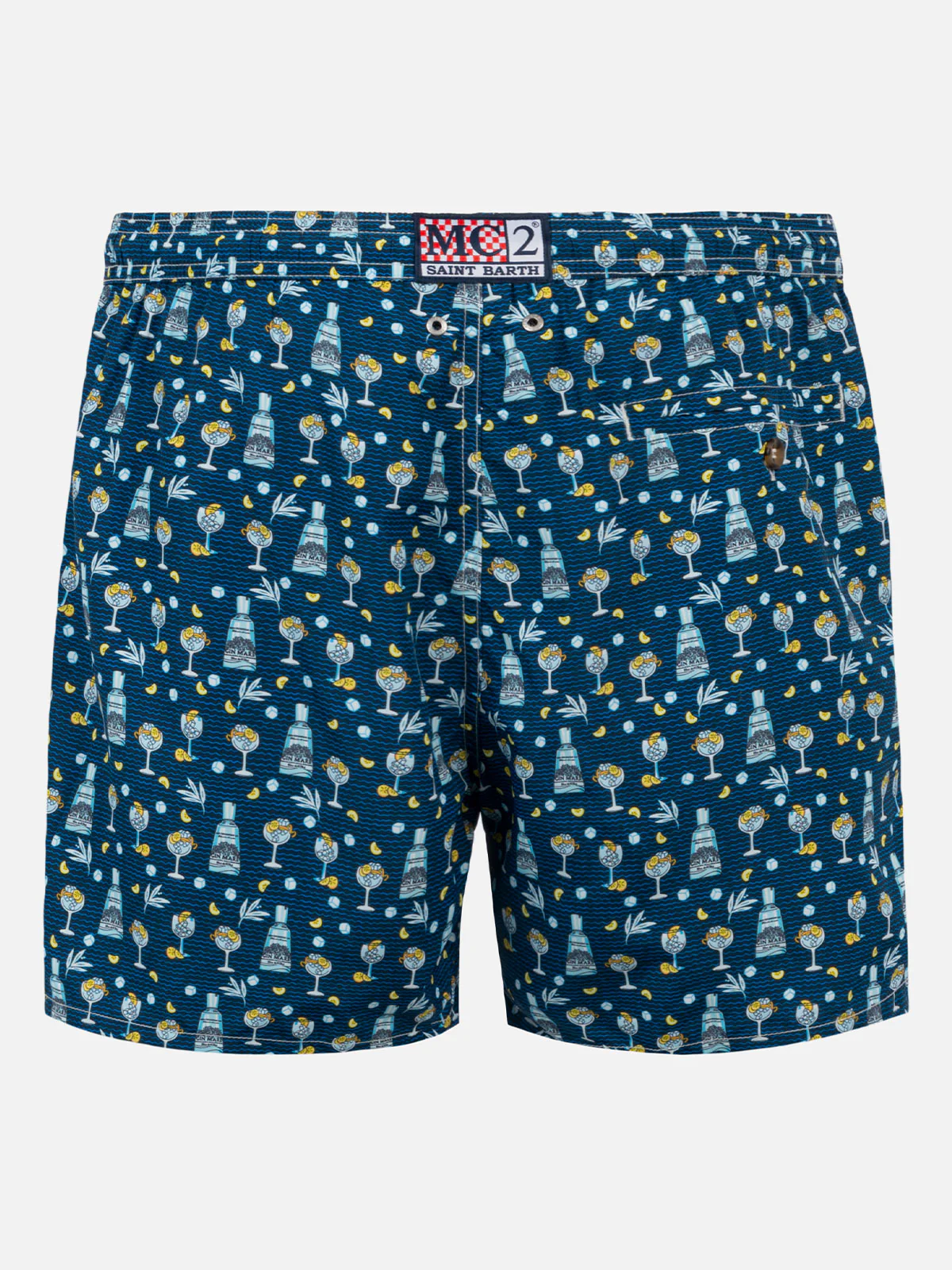 Man Classic Swim Shorts | Gin Mare All-Over Print Special Edition | Blue | Quick-Drying | Mid-Length | Elastic Waist | Drawstring | MC2 Saint Barth