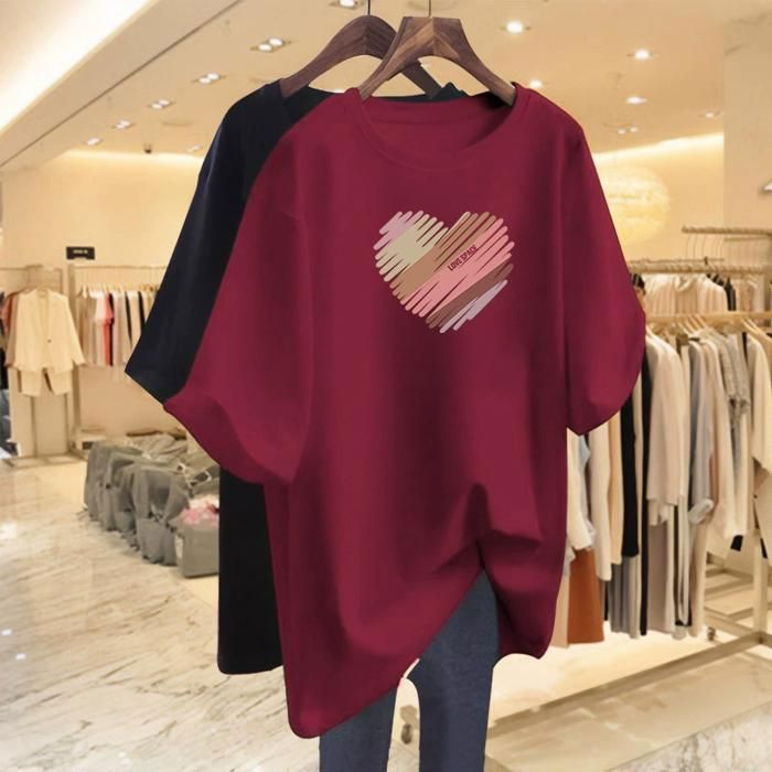 Camiseta de mujer, elegante camiseta de verano de manga corta con cuello redondo y estampado de corazón, cómoda - Roja