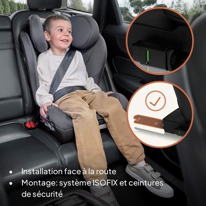 LIONELO Neal i-Size Kindersitz 100–150 cm – ISOFIX – Getränkehalter – Breiter Sitz – Verstellbare Rückenlehne – Gruppe 2/3 – Grau