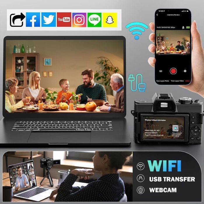 Vera videocamera digitale 4K per fotografia e vlogging, 48 MP/60 FPS, Wi-Fi e controllo tramite app.