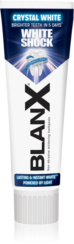 BlanX White Shock Creme dental clareador instantâneo que combate o amarelamento do esmalte com efeito imediato.