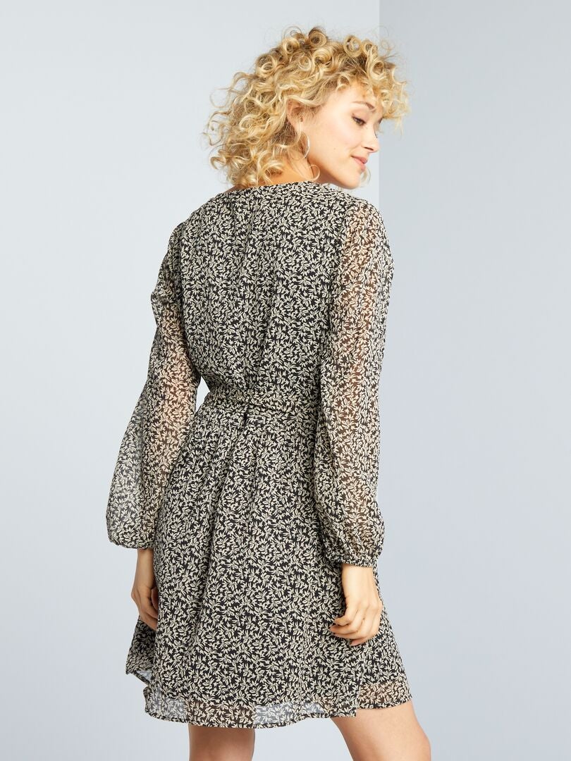 Vestido estampado con cinturón de lazo - Negro