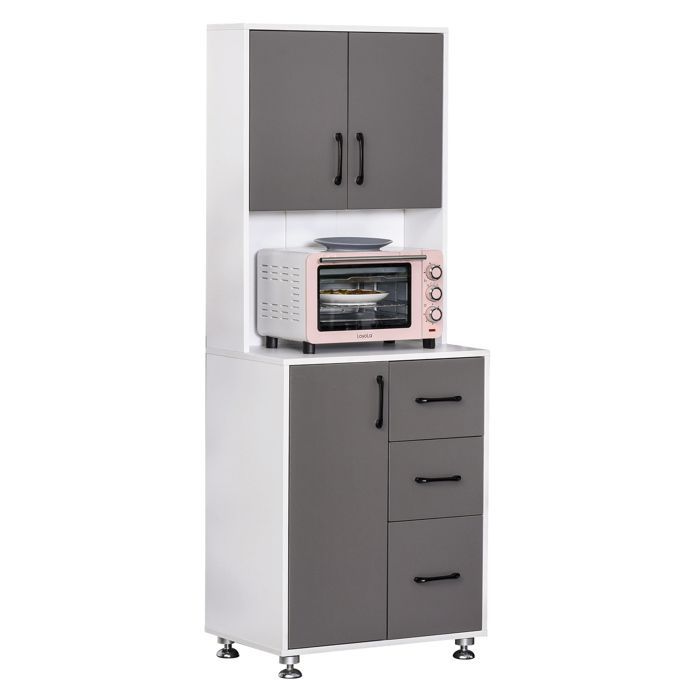 Aparador alto - HOMCOM - mueble de cocina con 3 puertas y 3 cajones, encimera - madera - 60x40x160cm - gris