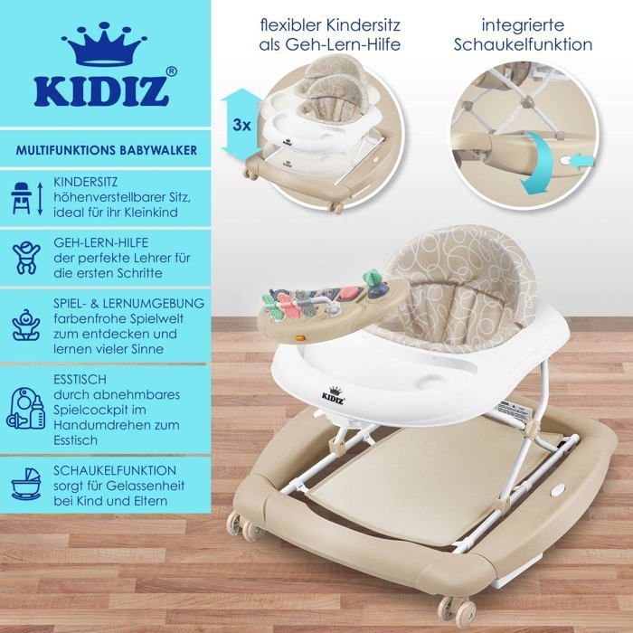 KIDIZ 4-in-1 Baby Walker Tilting Function Lounger with Wheels, Light, Music, Play Area, Dining Table, Folding Walker
