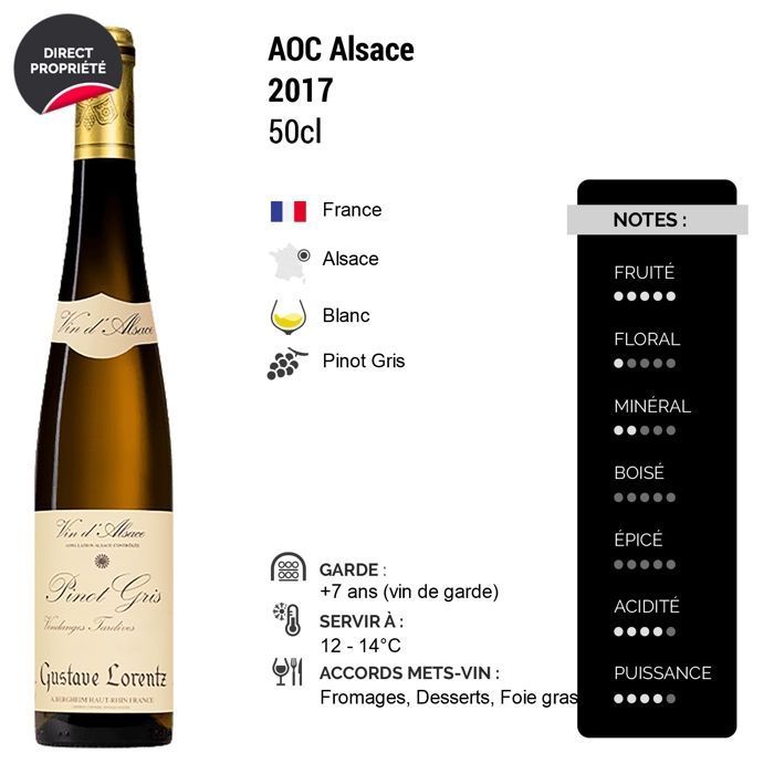 Gustave Lorentz Alsace Pinot Gris Vendanges Tardives 2017 - Vin Blanc d' Alsace (3x50cl)