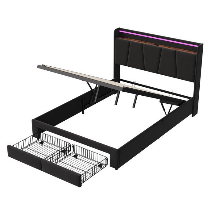 Cama de almacenamiento de 140 x 190 cm con somier de láminas, cama doble con LED y USB, piecero con cajón, cama con somier de láminas