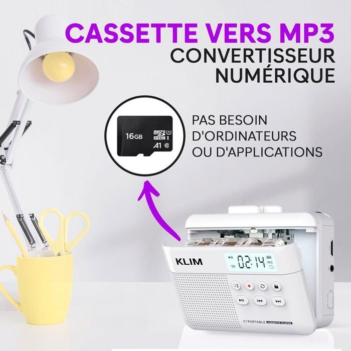 Cassette Player K7 - Lecteur Cassette Audio - Convertisseur Audio en MP3 - Microphone et Haut-Parleur intégrés - Blanc