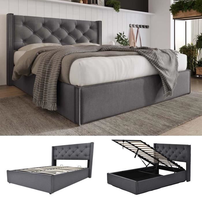 Cama com arrumação - MODERNLUXE - 140x200cm - Cinzenta - Base ripada - Com arrumação