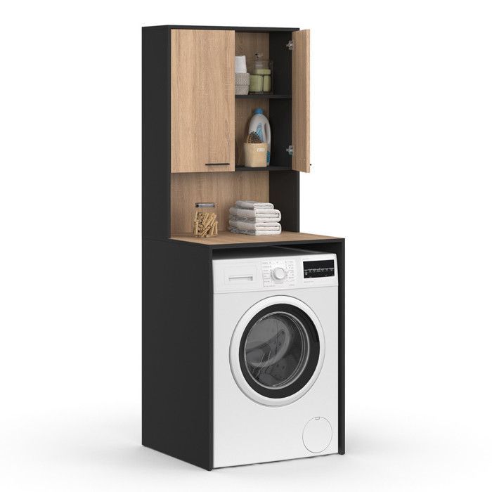Mobile per lavatrice IDMARKET WALLIS con ante nere e legno effetto faggio