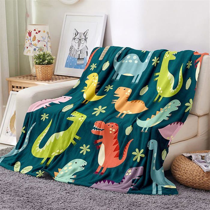 Flanellfilt i fleece, djurfilt, varmt och mjukt vinteröverkast, pläd/sofffilt, dinosaurie, 130x150cm