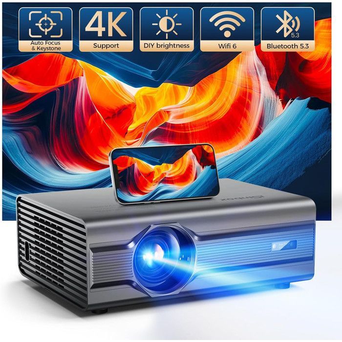 [Foco Elétrico] Projetor Isinbox 4K Android com Wi-Fi 6, Bluetooth 5.3, conecta-se a PCs, pen drives, jogos e celulares.