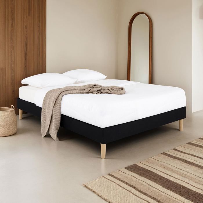 QUIMPER gestoffeerde bedbodem 140 x 190 cm, houten frame en zwarte stoffen bekleding, bedframe met poten