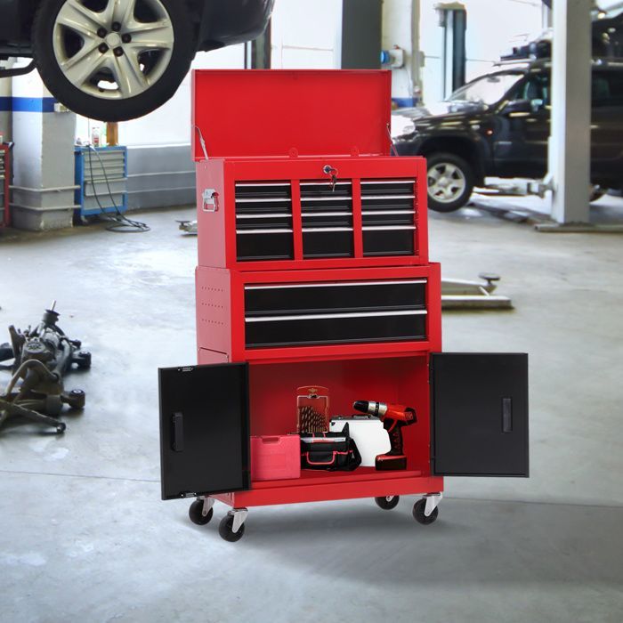 Servante d'atelier - HOMCOM - caisse à outil 6 tiroirs 1 commode coffre amovible chariot - acier - rouge noir