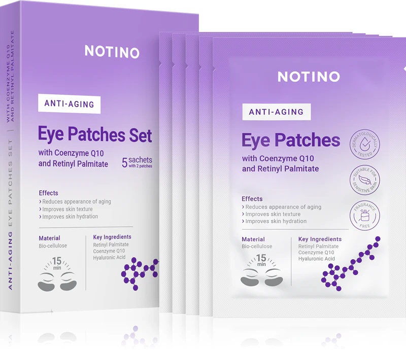 Notino pretnovecošanās biocelulozes acu plāksteru komplekts ar koenzīmu Q10 un retinilpalmitātu – grumbu novēršanas acu maska acu zonai