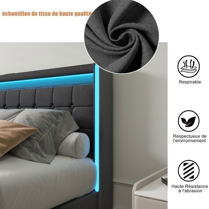 Bedframe - SUNFECILI - 180x200 cm - 4 lades - USB - LED - Donkergrijs