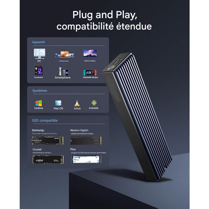 Disque Dur Externe - Boîtier Disque Dur, Boîtier SSD M.2 NGFF, 5Gbps, USB3.1 Gen2 - pour M+B Key, B-Key 2230/2242/2260/2280 SSD