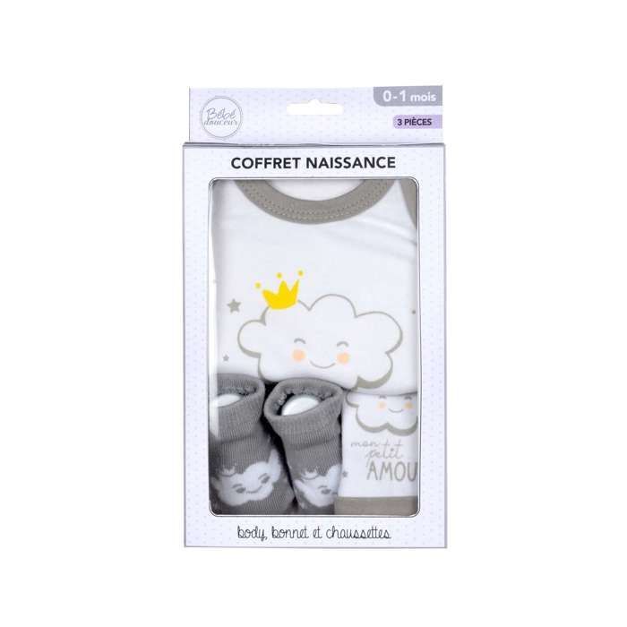 Baby Softness – Neugeborenen-Geschenkset mit Body, Mütze und Söckchen (0–1 Monat) – Wolke