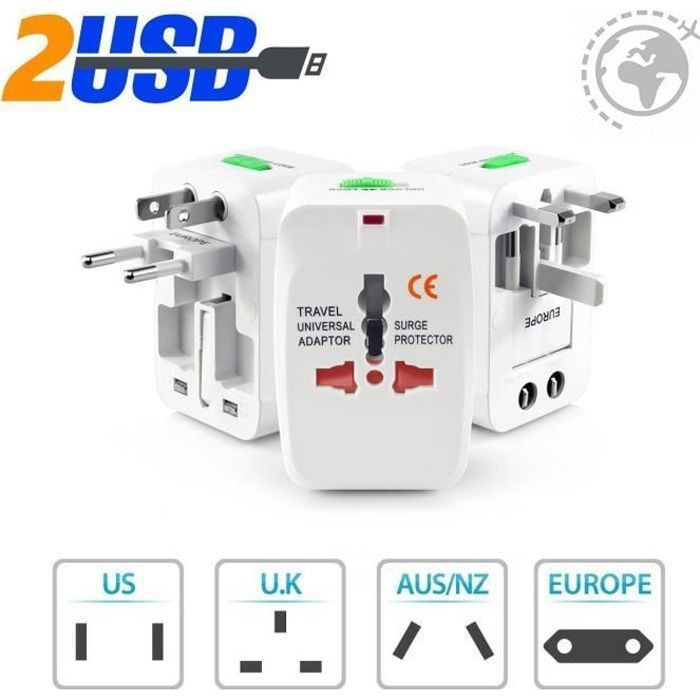 Adaptador de viaje - ZISONIX - Universal - 2 puertos USB - Compatible con 150 países - EE. UU./UE/Reino Unido/Australia