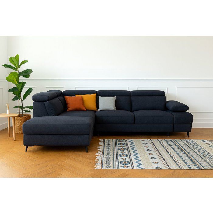 Canapé d'angle convertible - 5 places - NINA - Tissu Noir - Coffre - 255 x 208 x 73 cm