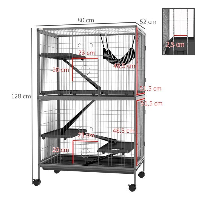 Cage pour rongeurs Pawhut Multifonction 4 Plateformes 3 rampes 4 Portes dim. 80L x 52l x 128H cm acier Gris argenté Noir