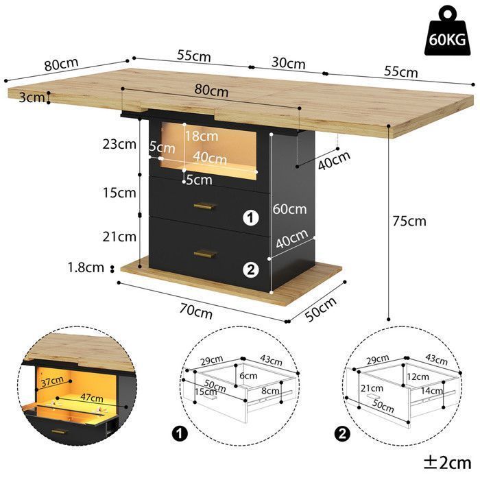Table a Manger Extensible Bois 4 à 6 Personnes avec Éclairage LED, Table de Cuisine 110-140×80 cm avec Rangement et Tiroirs, Noir