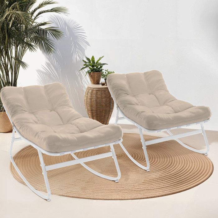 IDMARKET Juego de 2 mecedoras de jardín ARONA blancas con cojines beige