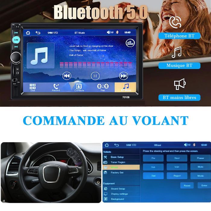 Radio para coche Bluetooth de 7 pulgadas y 2 DIN - CarPlay y Android Auto - Pantalla táctil/Radio FM/AUX/USB/Tarjeta TF - Cámara de visión trasera con 12 LED