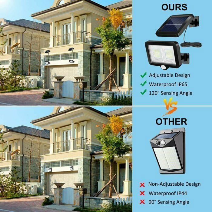 Lámpara solar exterior con detector de movimiento, foco solar LED, resistente al agua IP65, ángulo de iluminación de 120°.
