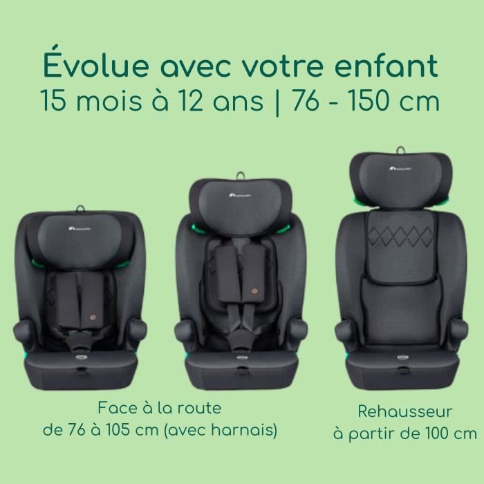 Seggiolino auto convertibile BEBE CONFORT GROW i-Safe con cinture di sicurezza, da 15 mesi a 12 anni (76-150 cm), standard di sicurezza R129, colore nero fumé.