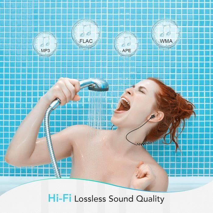 MP3 Etanche IPX8 avec Clip Ecran en Couleur, 8Go Lecteur avec Radio Waterproof HiFi Lossless Baladeur pour Natation et Sport, Bleu