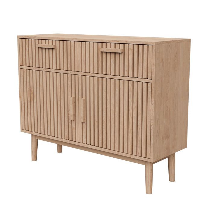 Buffet cuisine bois massif 100 x 35 x 80 cm – 2 tiroirs, 2 portes, anti-basculement – style scandinave