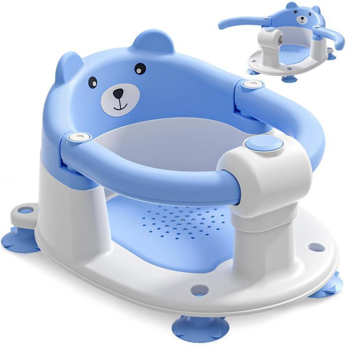 Asiento de baño para bebés de 6 meses en adelante, asiento de baño antideslizante con 4 ventosas y cojín, silla de baño, azul