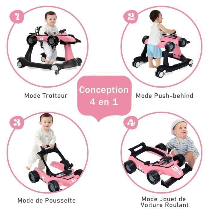 Andador plegable 4 en 1 para bebés COSTWAY - Altura y velocidad ajustables - Caja de música con luz - 6-18 meses - Ruedas silenciosas - Rosa