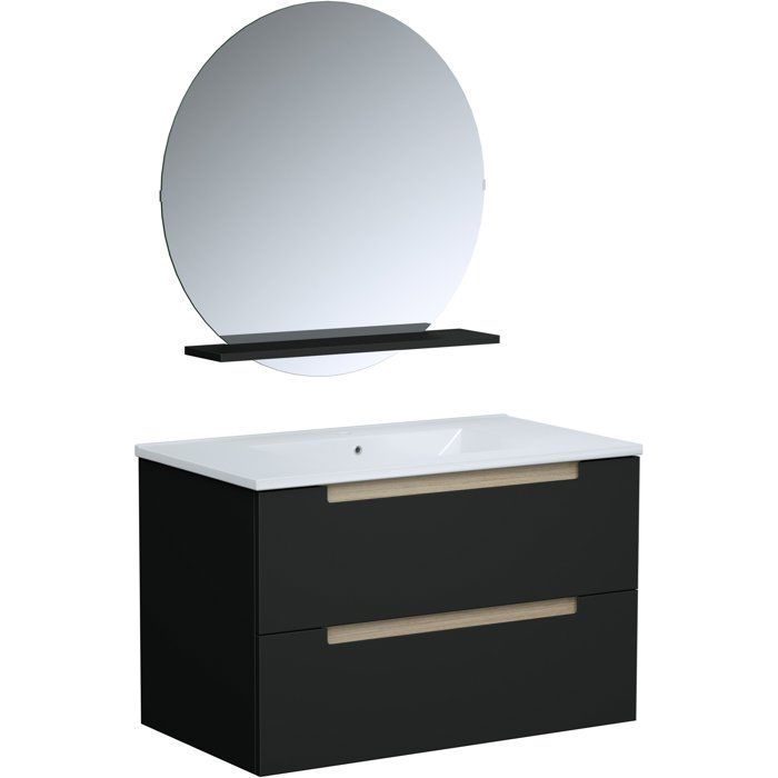 Mueble de baño con lavabo - Negro mate - 80 x 45 x 50 cm - Espejo - PRIZO