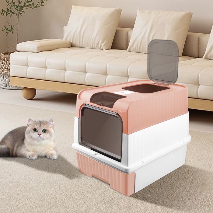 Arenero para gatos B.LIVEM., tipo cajón, incluye pala y bolsa desodorizante, color rosa, 49*37*35 cm.