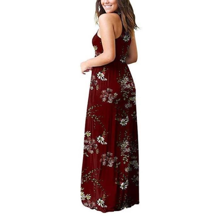 Abito estivo casual da donna lungo, senza maniche, con scollo rotondo e tasche, con stampa - Bordeaux