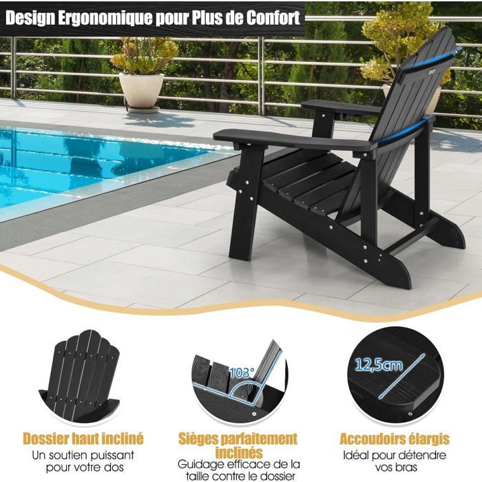 Silla de jardín Adirondack COSTWAY de madera maciza HIPS impermeable con portavasos, capacidad de carga de 170 kg para patio o piscina, color negro.