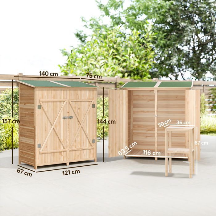 Abri de jardin en bois - Outsunny - avec table à double couche amovible, toit en asphalte imperméable, verrous - effet bois naturel