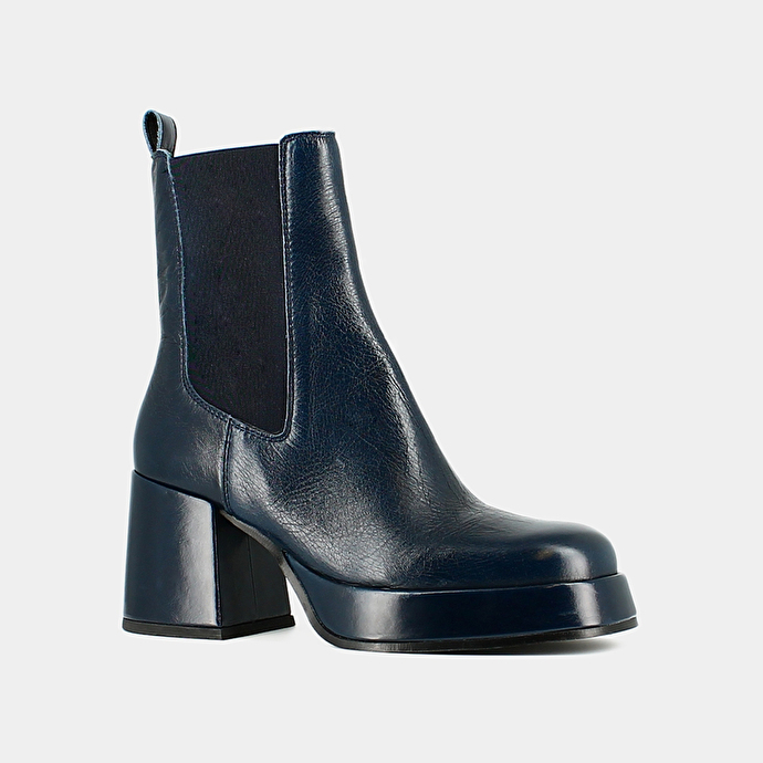 Bottines à plateformes et bouts carrés  en cuir vielli bleu