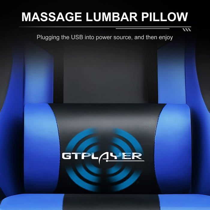 Chaise Gaming Repose Pieds Coussin Lombaire de Massage Fauteuil de Bureau Ergonomique avec Accoudoir Synchronisé (Bleu)