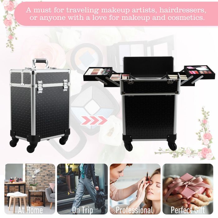 Maletín de maquillaje con ruedas - HOMCOM - neceser cosmético con asa telescópica ajustable - aluminio - 34x24x52cm - negro