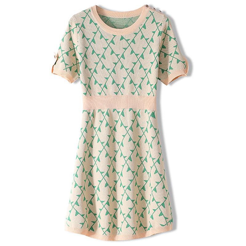 Abito corto da donna estivo 2020 con stampa jacquard a foglie, maniche corte, vita alta elasticizzata, abito casual da festa a trapezio.