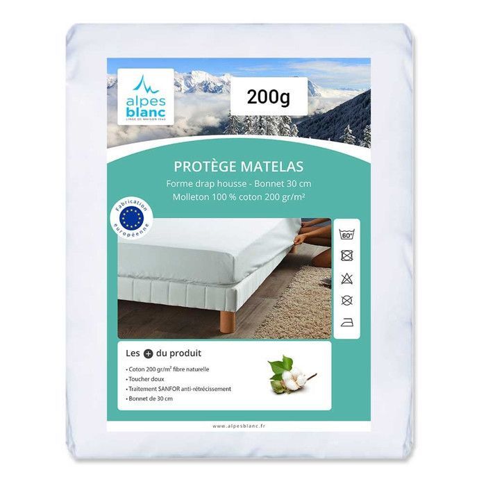 ALPES BLANC - Protector de colchón 100% algodón 200 g/m² 1440x190 cm – Bolsillos profundos para un ajuste perfecto, protección y confort duradero.