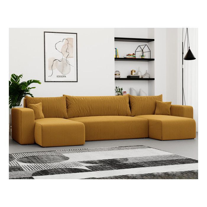 Canapé d'angle Panoramique PIANO U - 7 places - Canape Convertible avec Coffre - Tissu Velours Cotelé - Moutarde