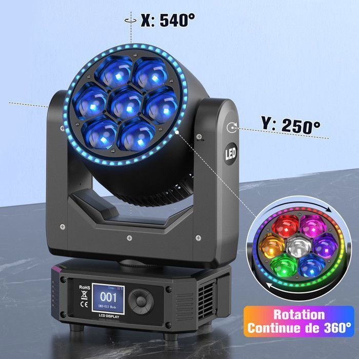 Cabeza móvil LED RGBW DMX UKing de 350 W - Luz de escenario con haz, lavado y zoom CTO - Iluminación para DJ con 7 ojos de abeja para fiestas disco (paquete de 2)