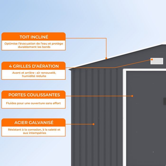 Metalen tuinschuur 15,16 m² - 340 x 446 x 210 - SATURNE - Inclusief verankeringsset, 2 schuifdeuren - Grijs